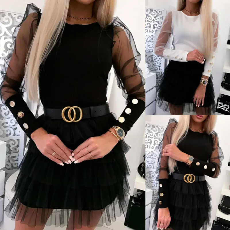 Women Mesh Puff Long Sheer Sleeve Tops Pullover Blouse Shirts Casual Party Club Back Buttons OL Office Casual Blouse