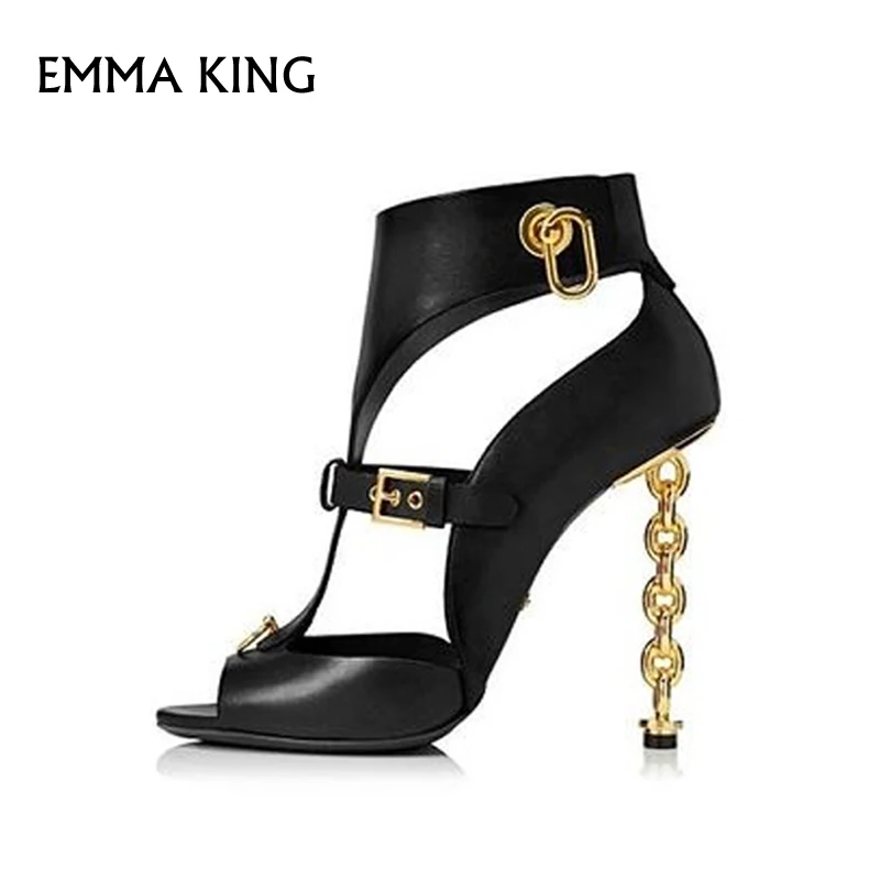 

Sandalias Mujer2019 Sexy Metal Heel Belt Buckle Sandals Women Metal Ring Open Toe Stiletto High Heels Party Shoes Women Big Size