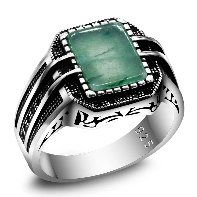 

2022 Trendy Turkish Ring For Men Vintage 925 Sterling Silver Rings Men Green Gemstone Islamic Religious Muslim Punk Jewelry
