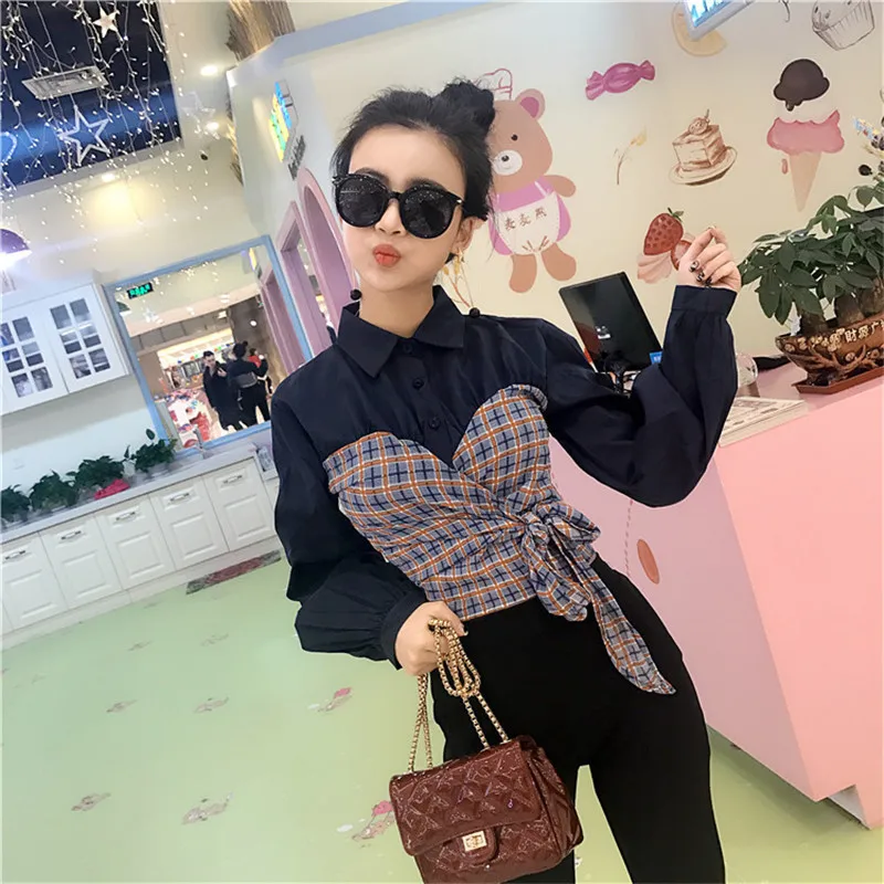 

Photo Shoot 2019 Most New Style Slim Fit Plaid Stitching Elegant Mock Two-Piece Tops + Versitile Fashion Bell-bottom Pants