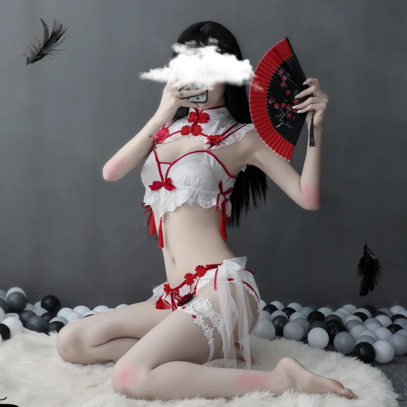 

Women Sexy Cosplay Costumes Traditional Dress Gothic Punk little Devil Bra Set Black Cheongsams Party Fashion Solid Color Satin