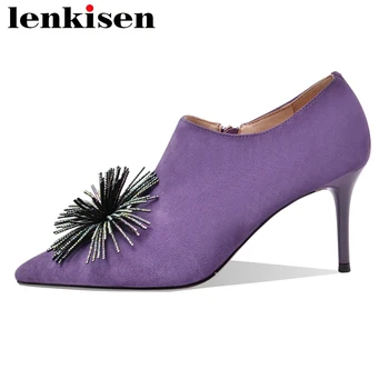 

Lenkisen shoes women breathable kid suede pointed toe high heels rhinestone young lady daily wear deep mouth slip on pumps L11