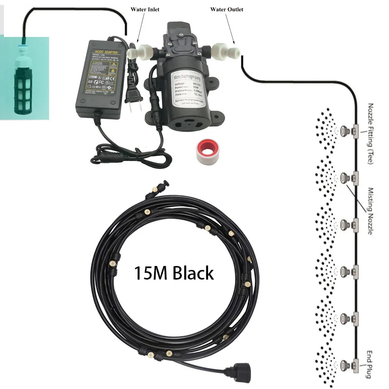 Misting Cooling System With Pump Filter Kit 20FT-60FT Mister Line Brass Nozzle 5L/Min For Outdooor Patio Porch Backyard 4