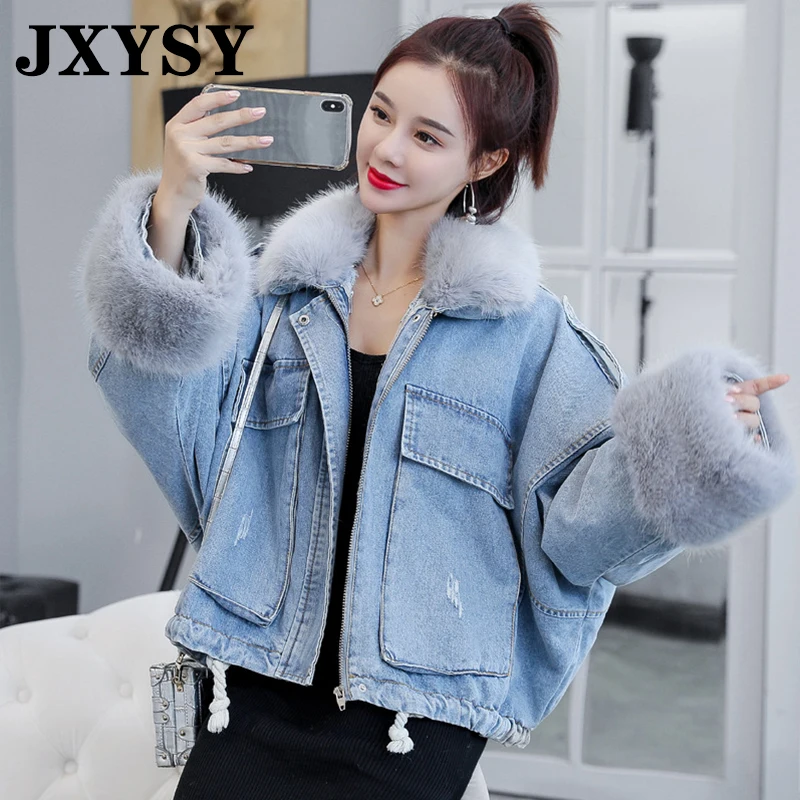 JXYSY зимняя джинсовая куртка женские джинсы с капюшоном бархатное короткое пальто женский воротник из искусственного меха стеганые теплые куртки ковбойская одежда