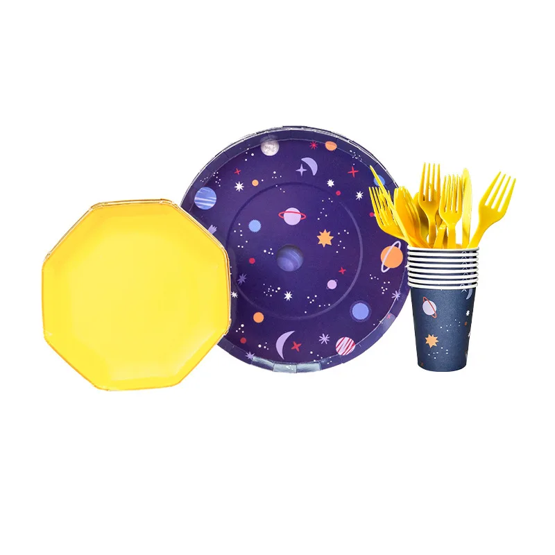 48 шт. внешнее пространство, Вселенная тема одноразовая посуда детская бумажные для дня рождения пластины чашки наборы; детский душ вечерние Декор