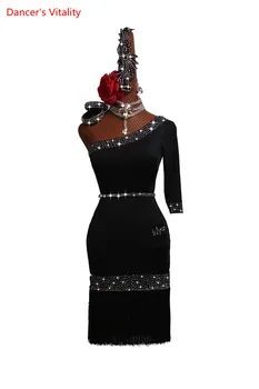 

Custom Made Latin Dance Competition Performance Black Navy Blue Shoulder Short Sleeve Tassel Wrapped Skirt Free Belt