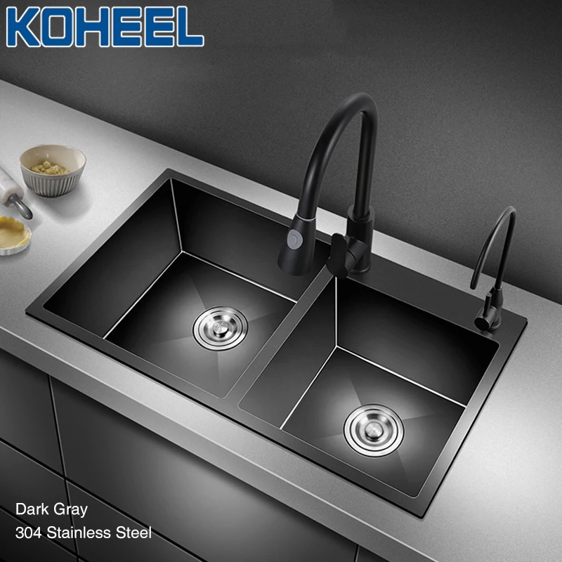 

KOHEEL Dark-Gray Handmade Brushed Stainless Steel Farmhouse Kitchen Sink Kitchen Sink Double Bowl Above Sink Wastafel FKS10