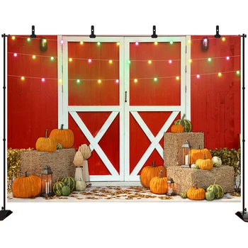 

Fall Thanksgiving Day Photography Backdrop Red Wooden Barn Door Pumpkin Haystack Vinyl Background for Party Photo Studio