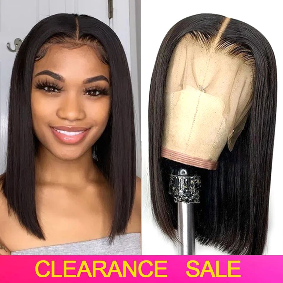 Pelucas de cabello humano liso con encaje Frontal, Bob corto de densidad 180, transparente, parte en T, brasileño