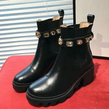

Luxury Designer Crystal Ankle Boots Women Genuine Leather Chelsea Boots Plaform Wedge Shoes Woman Low Heels Women Botas De Mujer