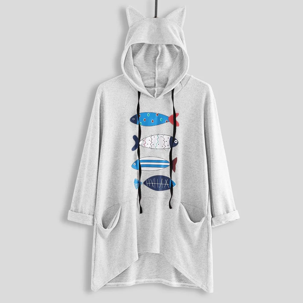 

T Shirt Women Long Sleeve Fish Print Cat Ear Autumn Hoodie Tshirt Ladies Casual Pullover Top T Shirts Poleras Mujer De Moda 2019