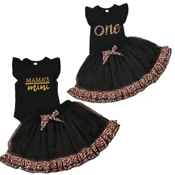 

0-36M Baby Girl Outfits Suit Unique Letter Romper Tops Leopard Stitching Gauze Skirts Girls One Year Birthday Party Clothes Set