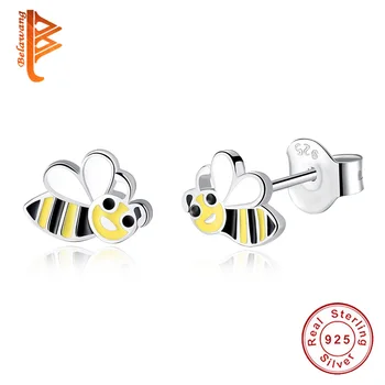 

100% Real 925 Sterling Silver Cute Honeybee Animal Stud Earrings For Girls&Kids Multicolor Enamel Earrings Cartoon Jewelry Gift