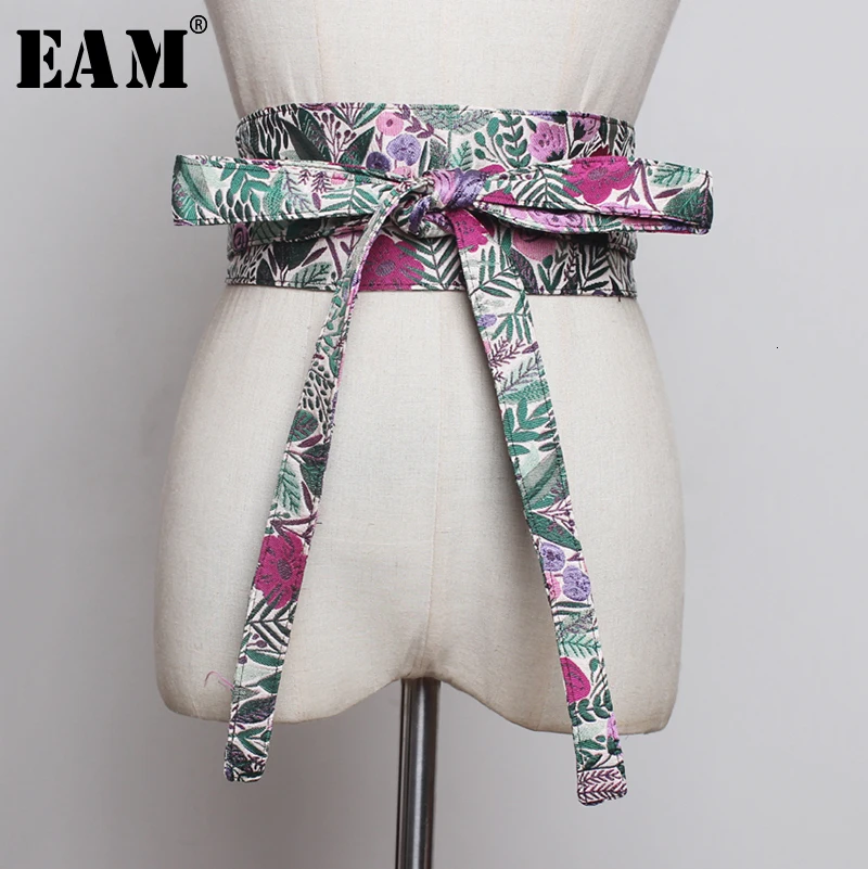 

[EAM] Bow Bandage Print Mixed Color long Wide Belt Personality Women New Fashion Tide All-match Autumn Winter 2019 1B369