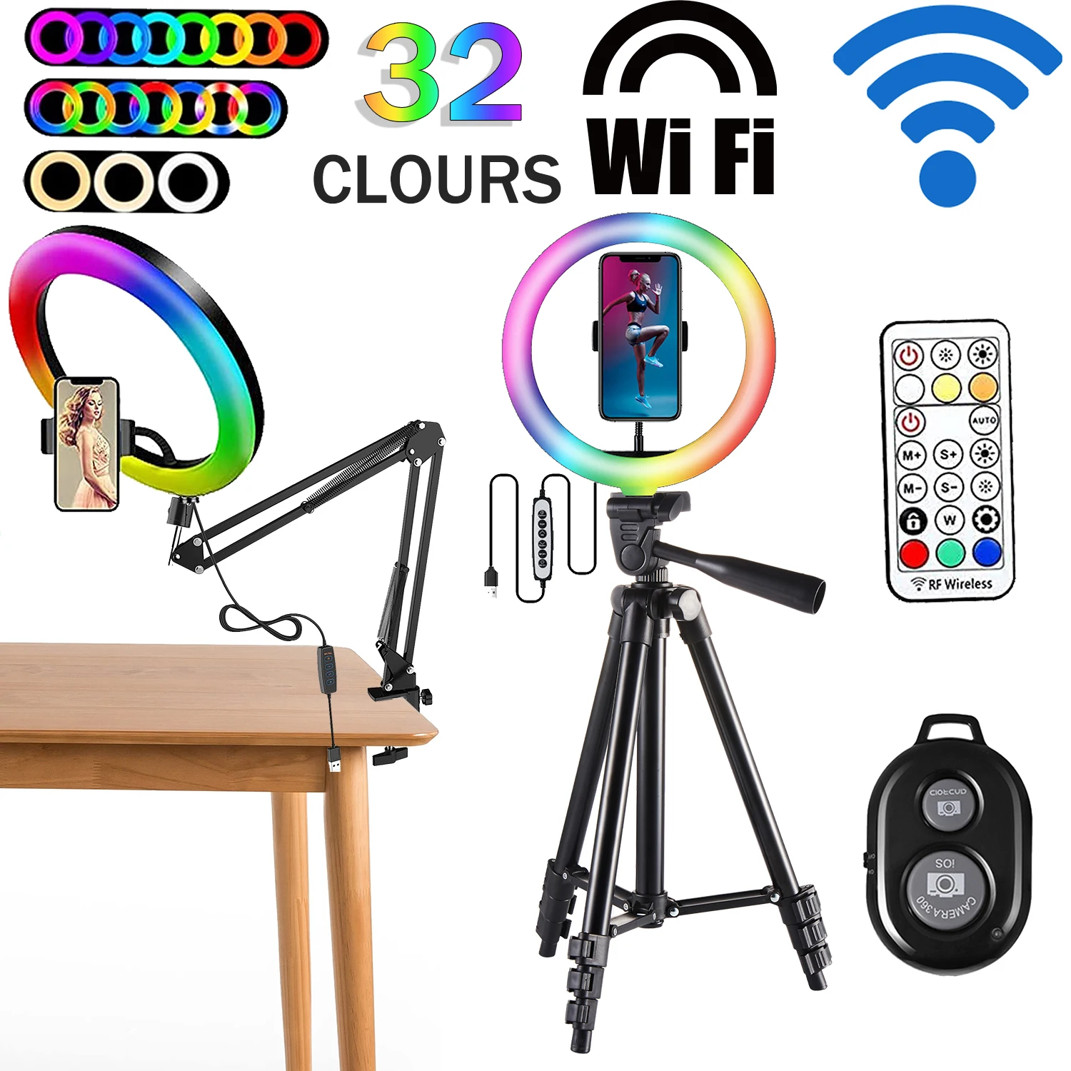 RGB Color Soft Ring Light Photography Lighting Selfie RingLight Circle Lamp With Desk Long Arm Tablet Tripod Phone Holder Stand |