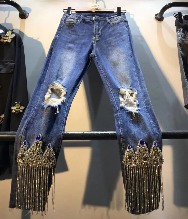 dark blue Новые осенние женские джинсы модные тяжелые рабочие кисточки с бусины-бриллианты с высокой талией узкие джинсы-карандаш r1885 - Цвет: dark blue