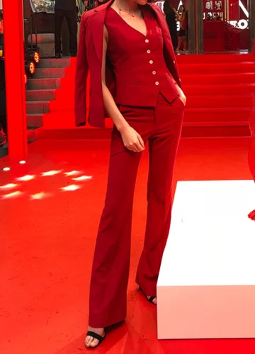 Red 3 Piece Women Formal Party Evening Suits Ladies Blazer Waistcoat Pants Suits Ladies Work Blazer Outfit Pantsuit