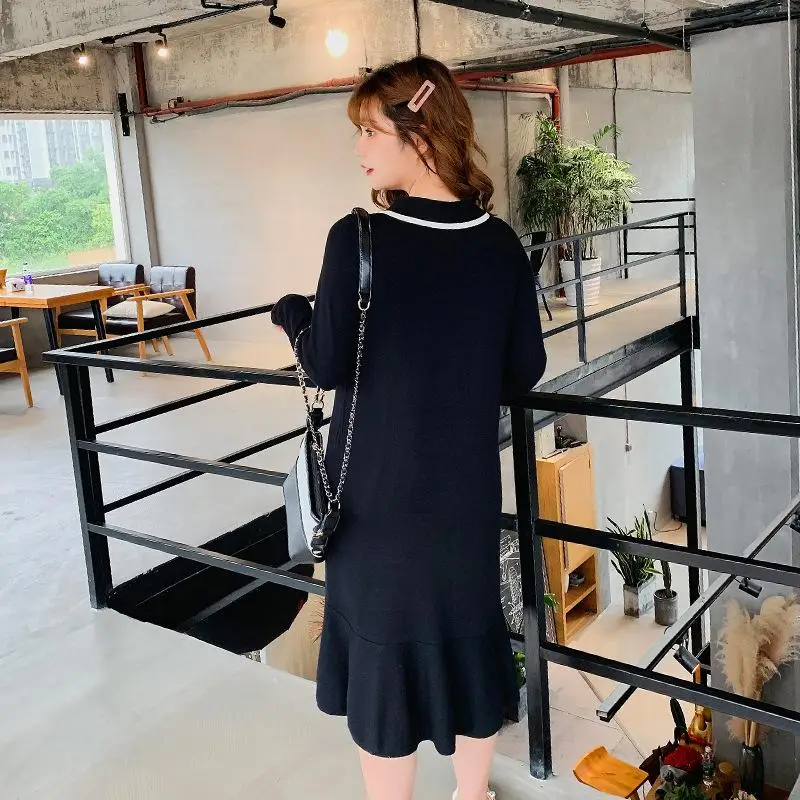 Autumn Women Large Size Dress Winter Elasticity Knitted Casual Long Dress Single-breasted Loose Plus Size Dress Office Dresses