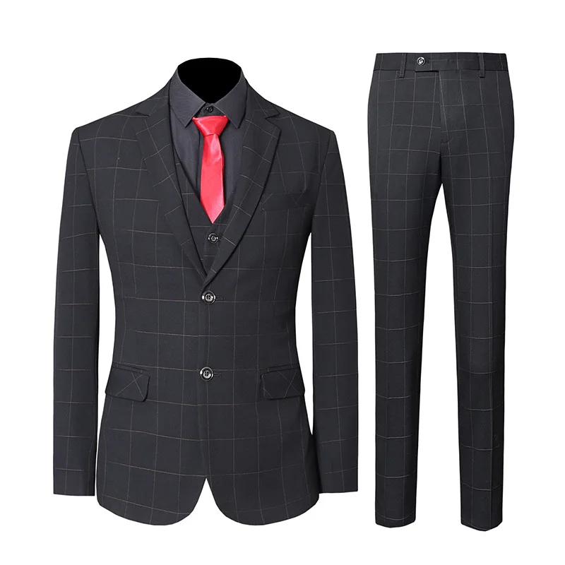 

Slim Men Suits Check Fit 3 Pieces Business Work Office Daily Life Plaid Suit Wedding Groom Banquet Party Prom Black Light Gray