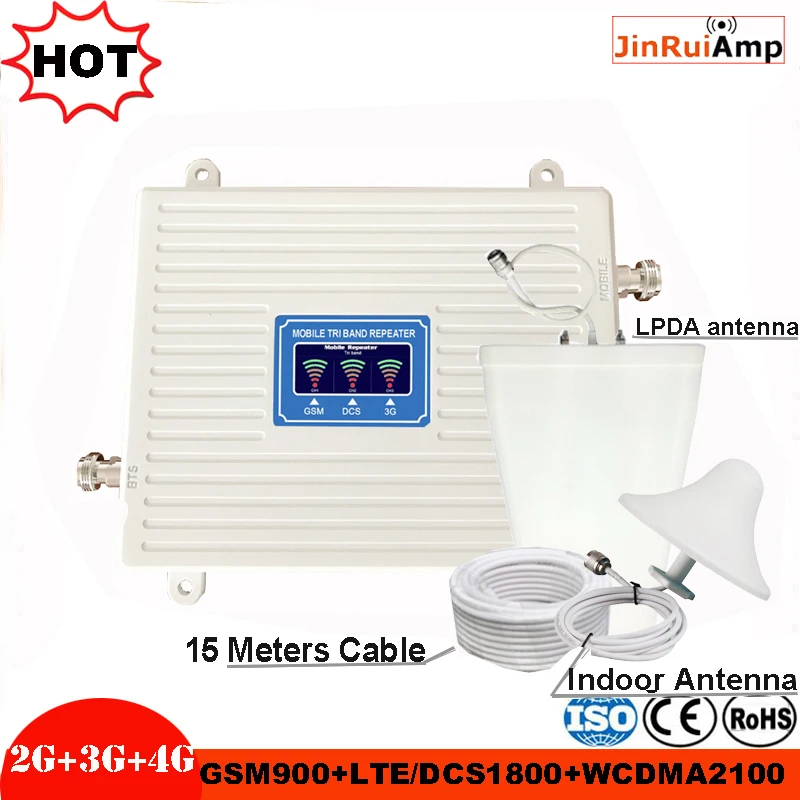 

Tri Band Repeater 2G 3G 4G GSM 900 DCS/LTE 1800 WCDMA/UMTS 2100MHz Amplifier Mobile cellular Signal booster Antenna Set Booster