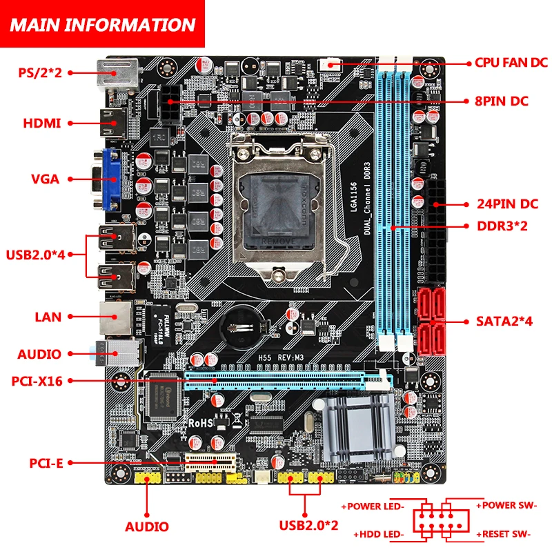 Tanie MACHINIST H55 gniazdo płyty głównej LGA 1156 obsługuje DDR3 16G i I3 I5 I7 CPU pci express porty USB2.0 płyta główna płyta główna