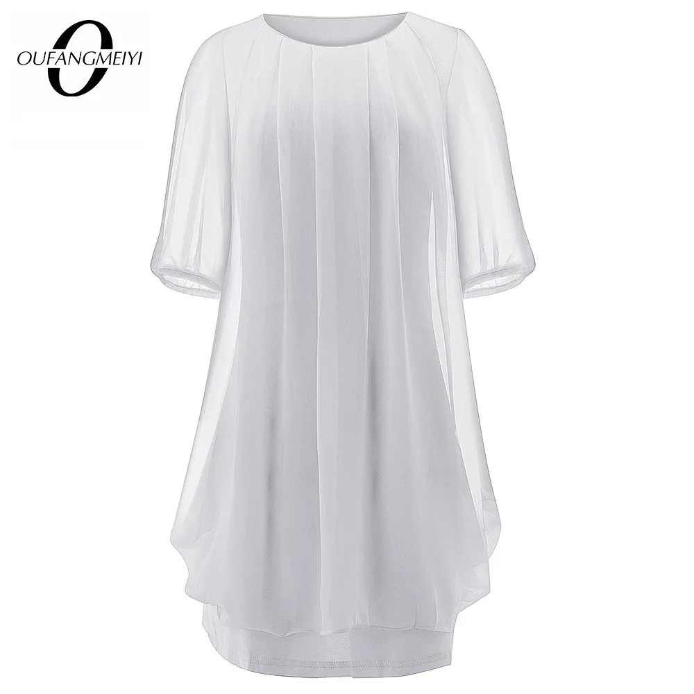 

Women Summer Charming Pure Color Half Sleeve O Neck Loose Casual Shift Mini Chiffon Dress 1E334