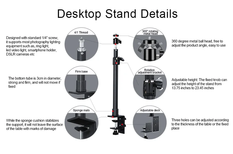 LP09 Tabletop Light Stand Clip Stand with 1/4 Screw for LED Ring Light Adjustabl