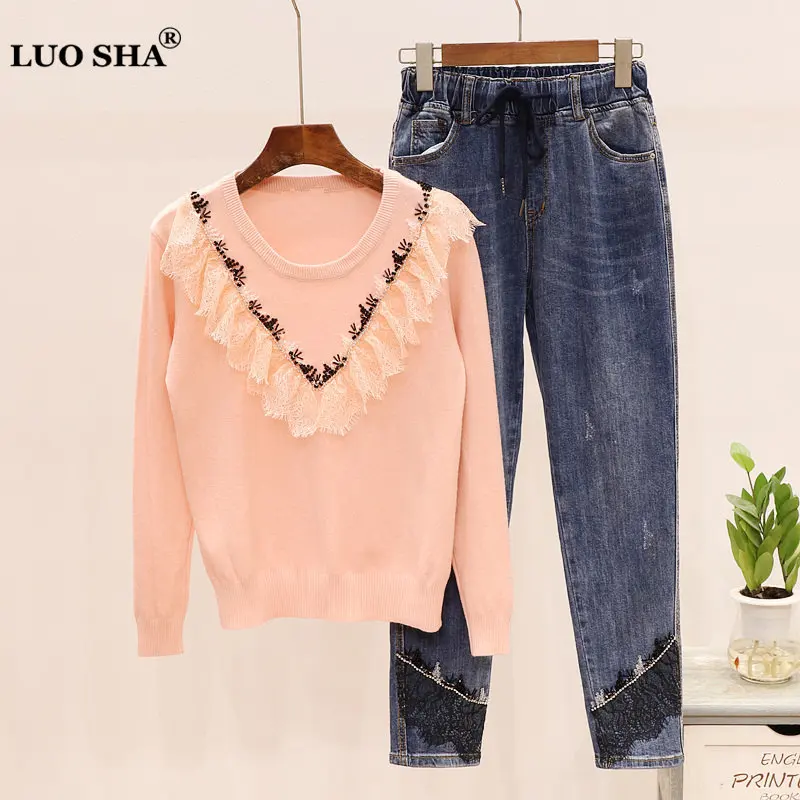 Женский комплект из 2 предметов LUOSHA вязаный кружевной пуловер и джинсовые брюки