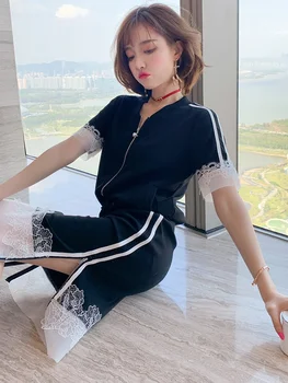 

Stylish Contrast Color Braid Lace Zip Short Sleeve + Elastic Waist Split Straight Skirt Suit, Female Fashion Summer New