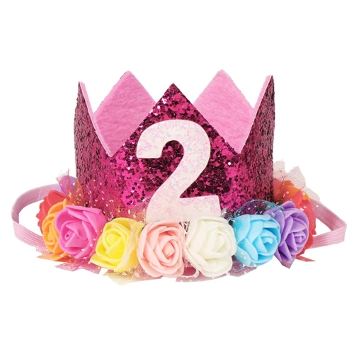 1pc Happy Birthday Party Hats Decor Cap Hat Princess Crown 1st 2nd 3rd Year Old Number Baby Kids Hair Accessory Birthday Toys - Цвет: Rose red   2