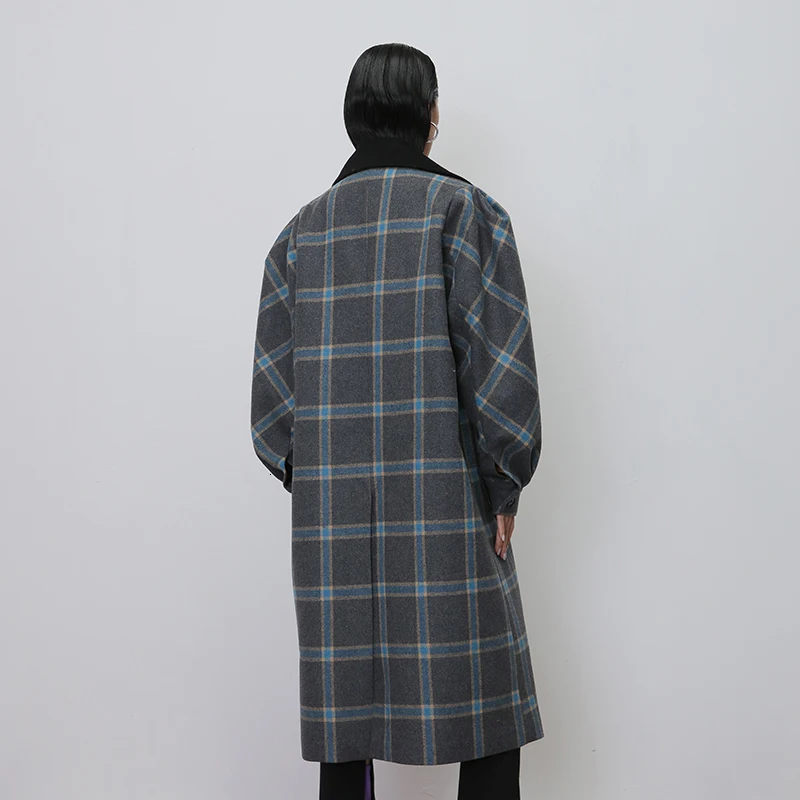 [EAM] свободное серое клетчатое шерстяное пальто большого размера, парки, новинка, длинный рукав, женская мода, Осень-зима 19A-a411