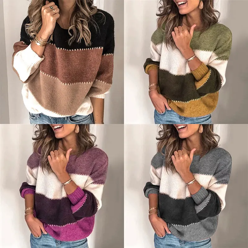 

Women Sexy Striped Patchwork Knitted Sweater 2020 Autumn Winter Casual Long Sleeve Sweater Tops Female V neck Button Pullover