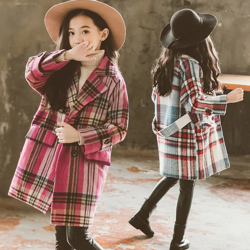 Шерстяное пальто для девочек-подростков плотная клетчатая Детская куртка