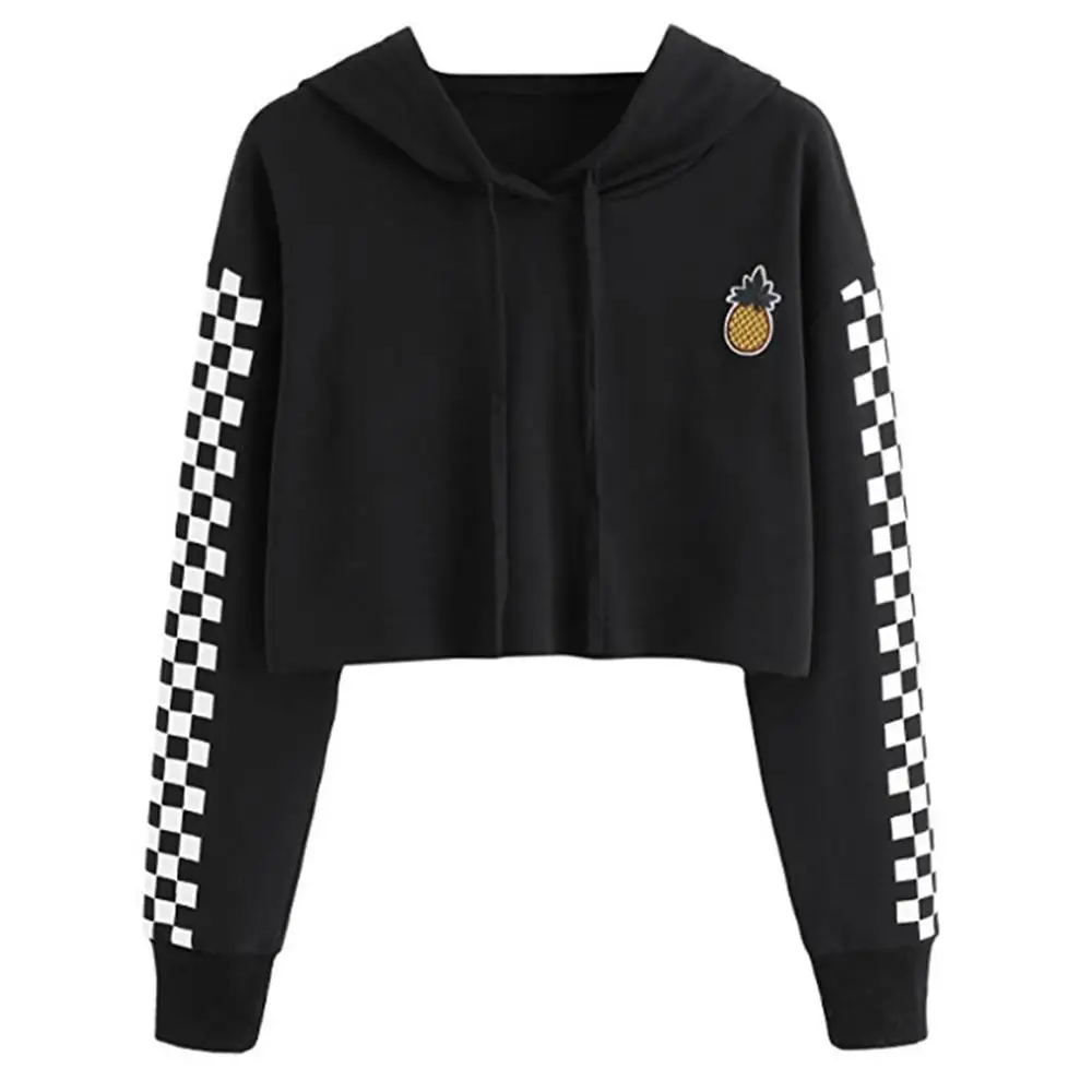 BK-XL Женский укороченный топ, толстовка с вышивкой ананаса, клетчатые толстовки с капюшоном, пуловер - Цвет: BK-XL