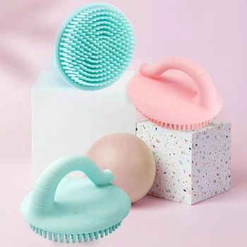 

Infant Hair Body Scrubber Anti-bacterial Cleansing Pads Round Shaped Baby Bath Brush Soft Silicone Massage Brush With Handle