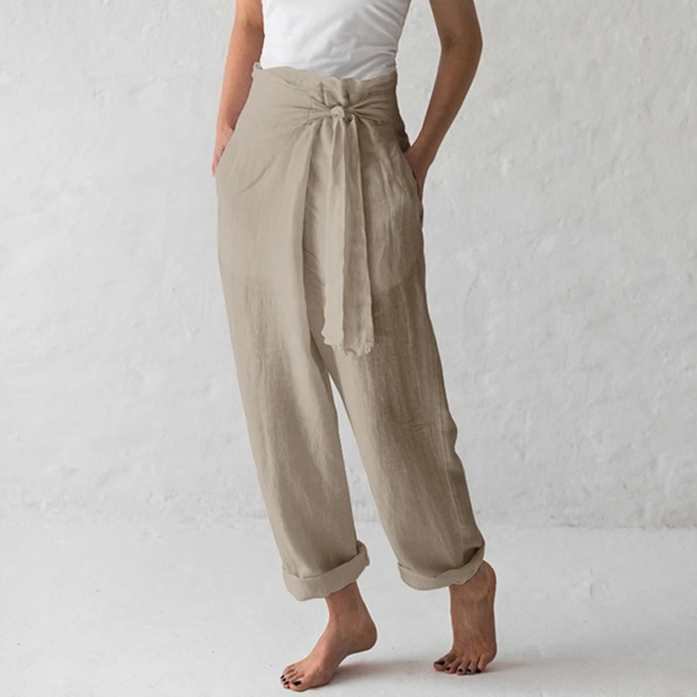 

Casual Cotton Linen Women High Waist Wide Leg Pants Spring Summer Office Band Loose Palazzo Trousers Female Black Gray Pants