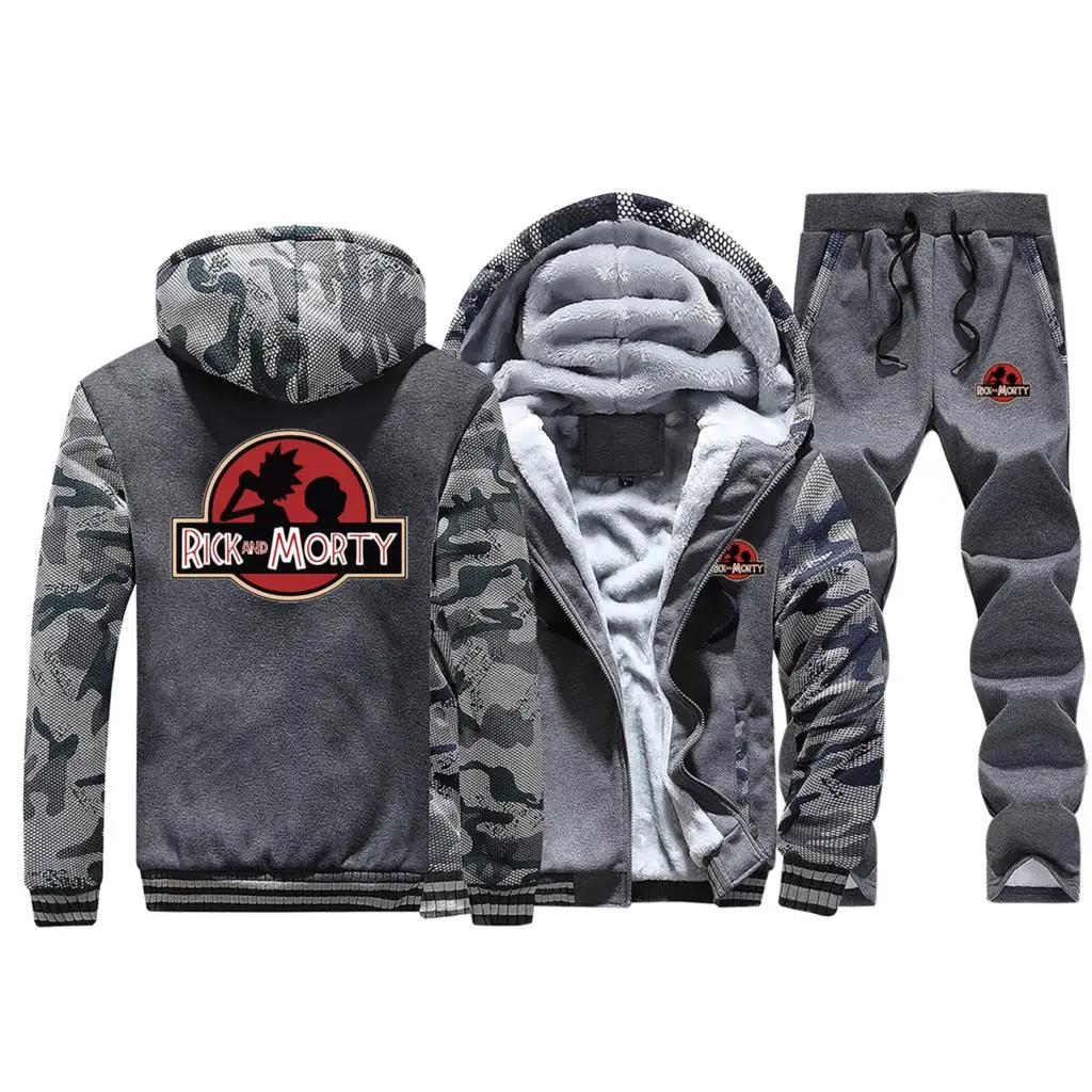 Забавный Рик и Морти камуфляж толстовки брюки 2 шт. Наборы для мужчин повседневный Свитшот спортивная одежда спортивные штаны для мужчин флис спортивный костюм уличная одежда - Цвет: Dark Gray