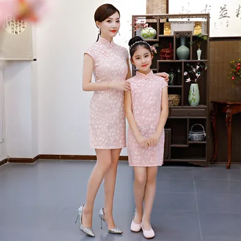 

Chinese style Parent-Child Summer dress Silk short sleeve slim mother-daughter dress Chinese Vintage cheongsam 9901QY05