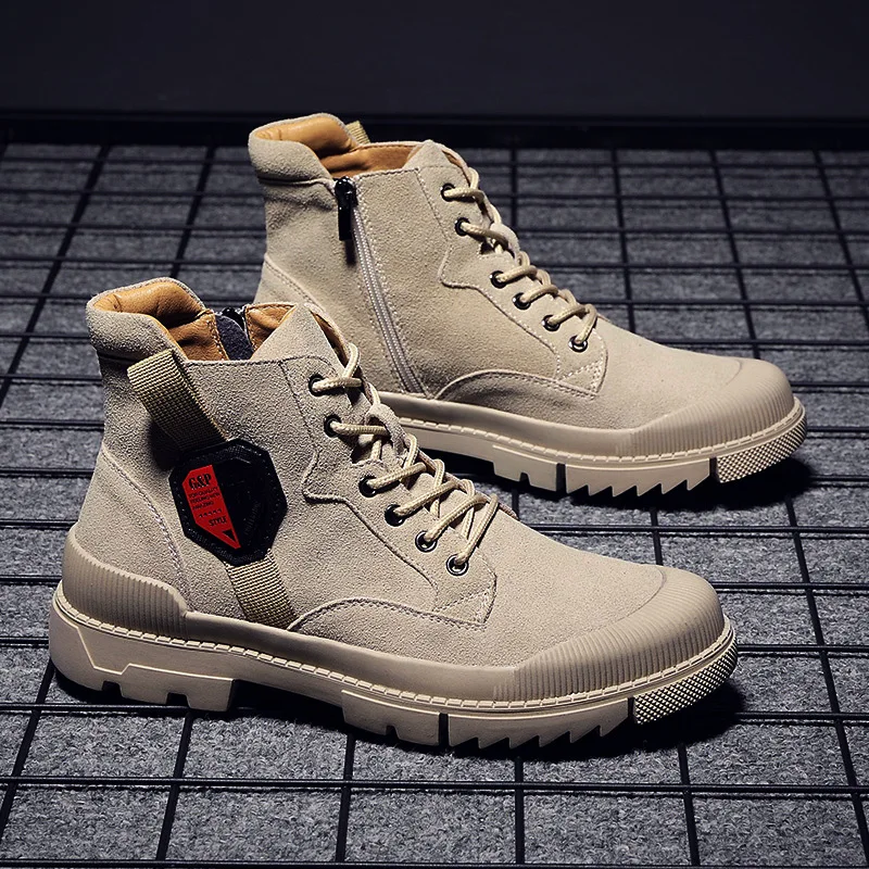 

New Style round-Toe Retro Men's Boot Genuine Leather 2019 Lace-up Semi-high Heeled England Martin Boots Men's Hight-top MEN'S SH