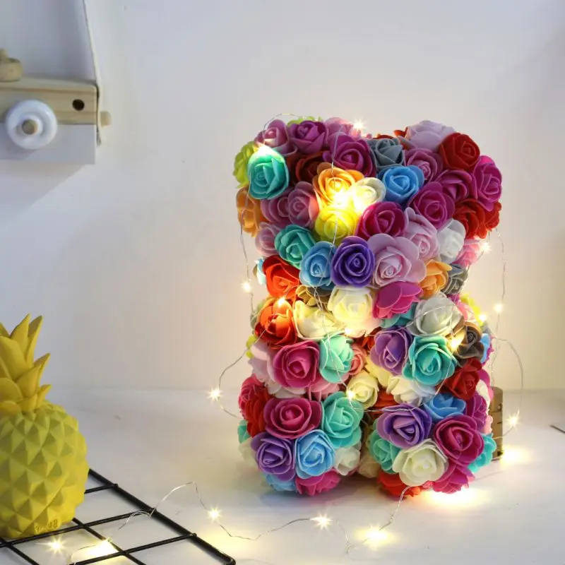 25cm Colorful Foam Rose Bear Artificial Flower Doll for Birthday Valentine's Day Gift LED String Lights Foam Rose Flower Bear