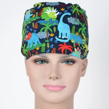 

Hennar unisex Cotton Scrub Caps Masks Hospital Medical Hats Print Adjustable in dark blue with dinosaur Unisex Surgical Caps