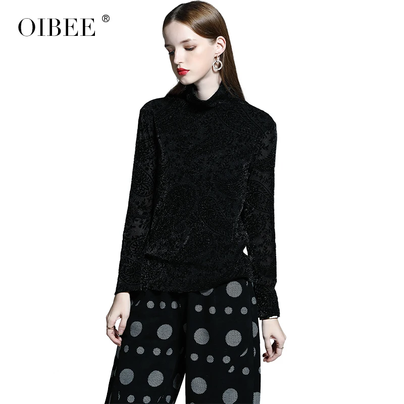 OIBEE2019 осенняя и зимняя женская новая рубашка с высоким воротником, бархатная футболка с принтом и длинными рукавами, тонкая Сетчатая футболка