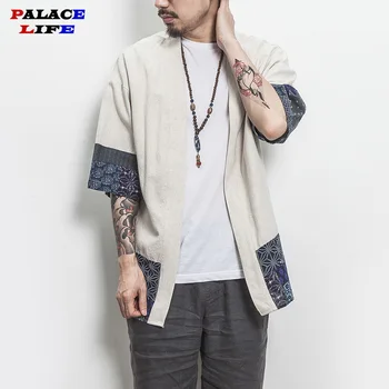 

2020 Hip Hop Cotton Linen Shirt Jackets Men Chinese Streetwear Kimono Shirt Coat Men Linen Cardigan Jackets Coat Plus Size M-5XL