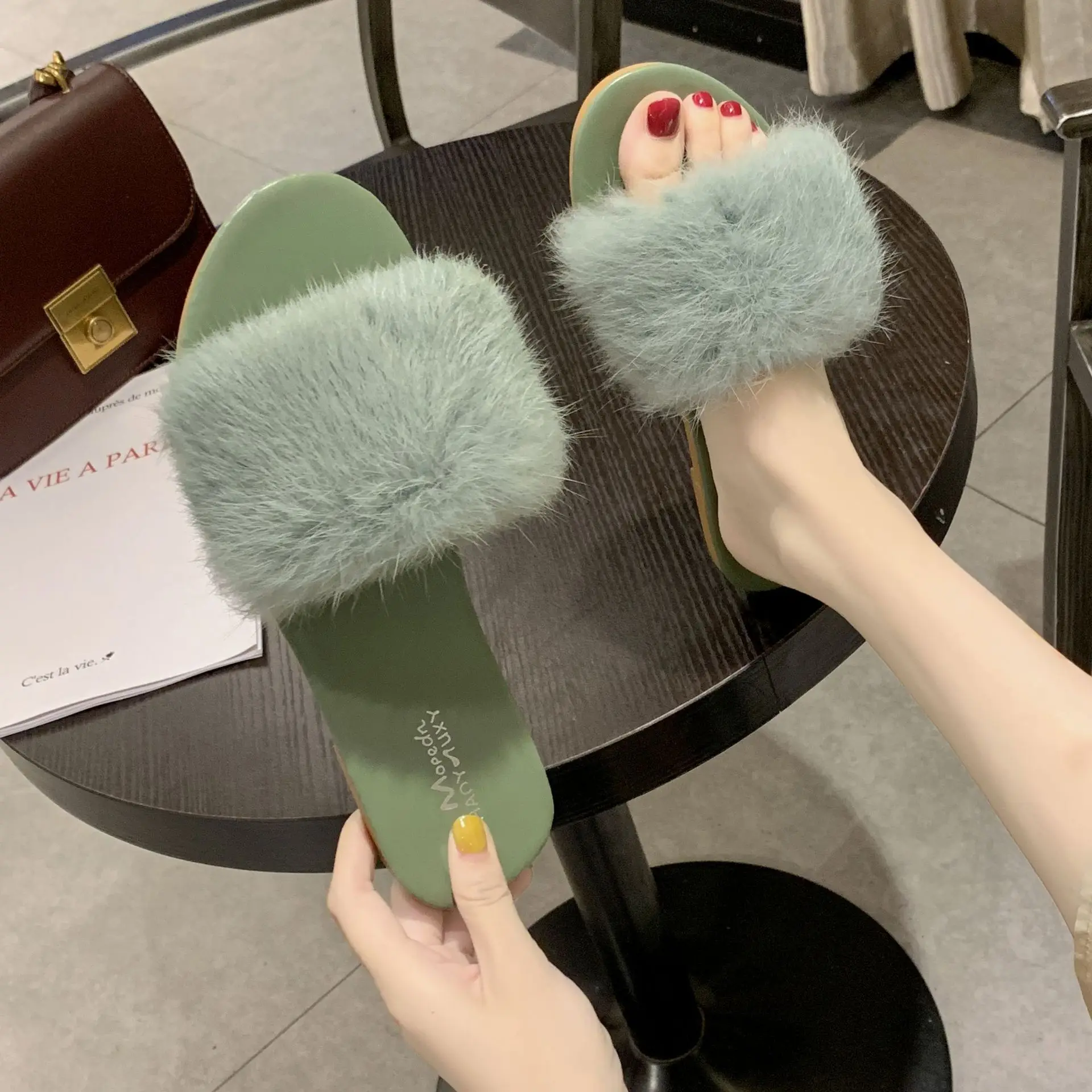 Slippers Female Flat Wear Outside Girl Heart Autumn and Winter New Color Rabbit Hair Home Non-slip Slippers