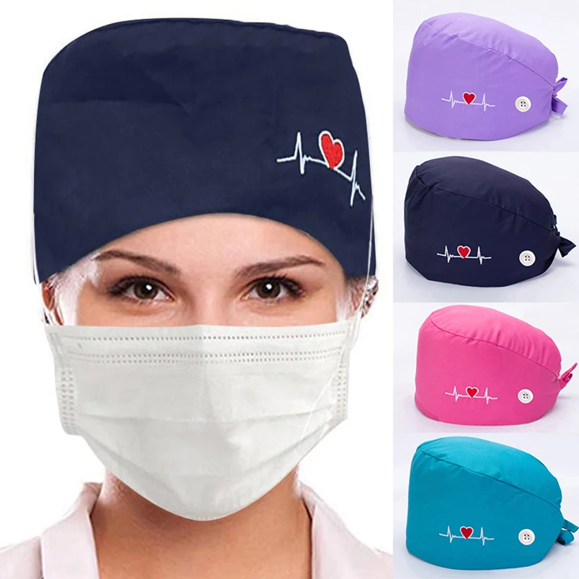 

Surgical Nurse Cap Cotton Buckle Sweat-Absorbent Beanies Ecg Embroidery Nurse Cap Printing Doctor Head Cap 2021 Fashion