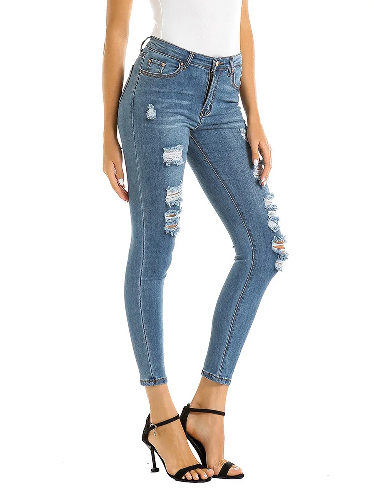 Women Casual Destroyed Ripped Distressed Skinny Denim Jeans