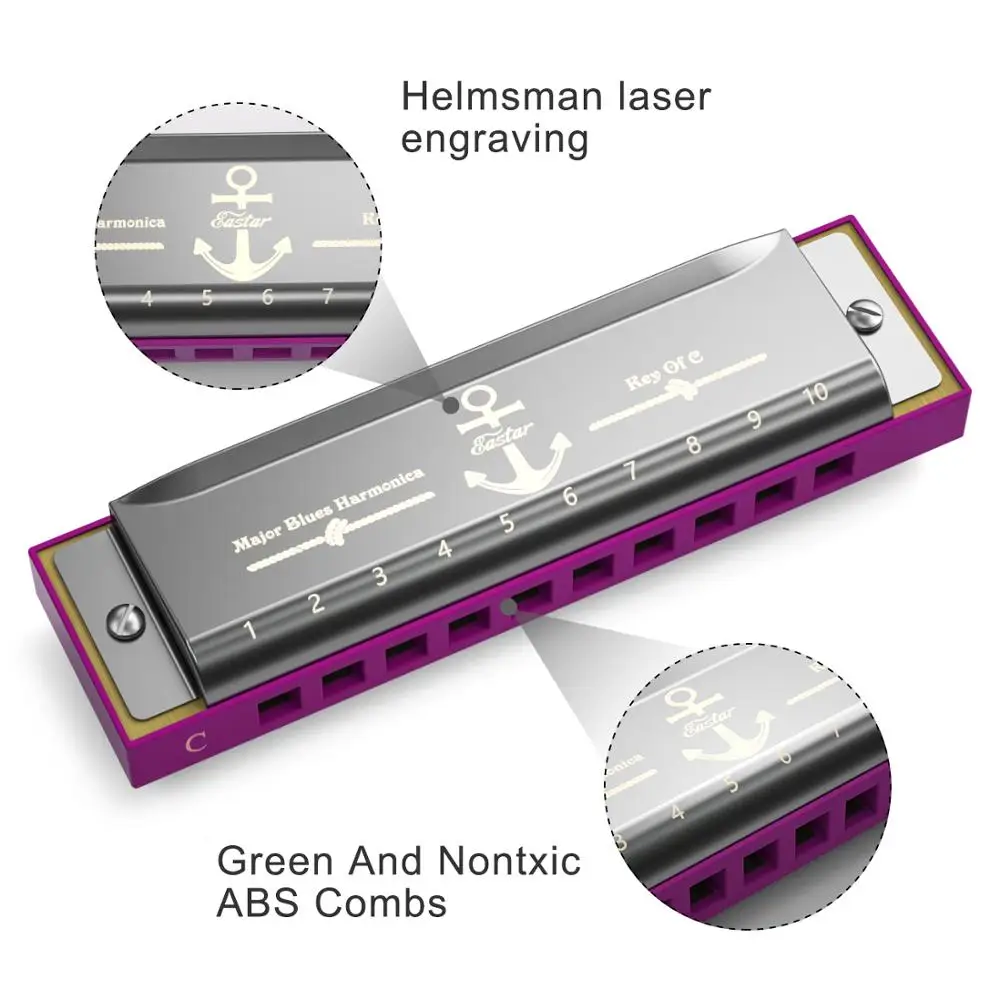Eastar Major Blues Harmonica Diatonic C Key Harp Mouth Organ 10 отверстий Джаз рок Woodwind музыкальный