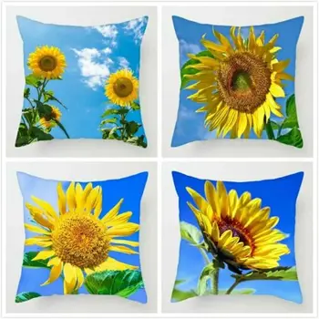 

Golden Sunflowers Cushion Cover Floral Scenery Printed Pillow Cover