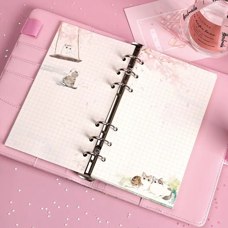 Sharkbang New 80 Sheets Kawaii Sakura And Cat A6 Loose Leaf Notebook Refill Spiral Binder Inner Pages Line Grid Blank Agenda