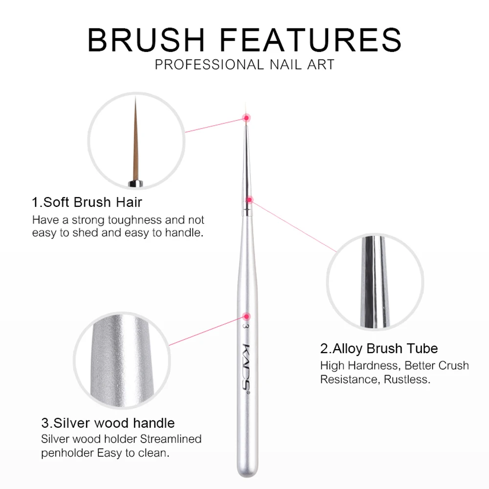 KADS 3pcs/set Professional Nail Liner Brush Silver Drawing Painting Acrylic Nail Art Brush Set for Nal Brushes 5
